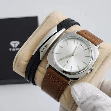 TOMI Stylish Leather Strap Watch with bracelet
